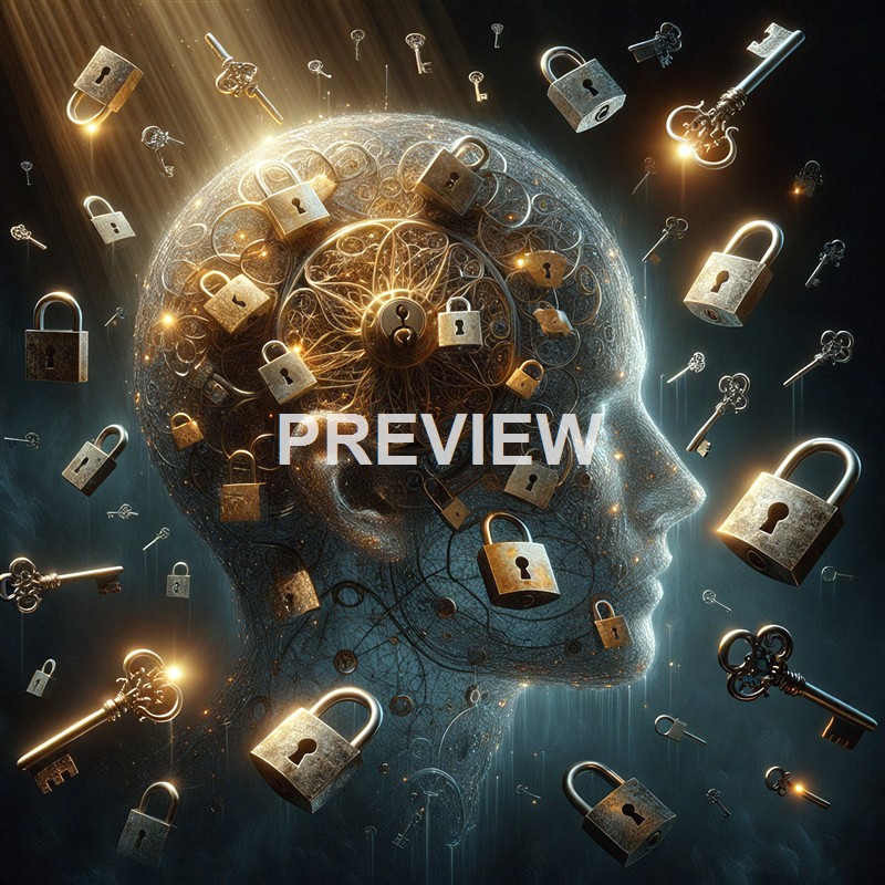 An abstract digital illustration of a human head profile made up of interconnected lines and glowing elements, surrounded by floating padlocks and keys, symbolizing cybersecurity or data protection.